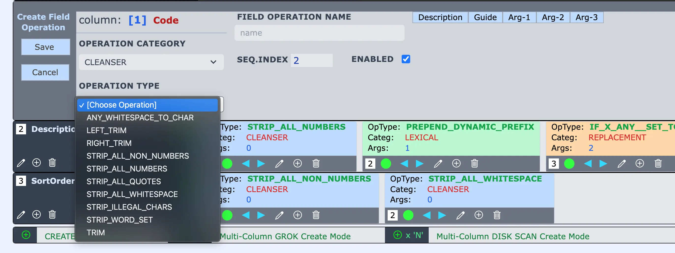 Data Cleansing Field Operation Selection