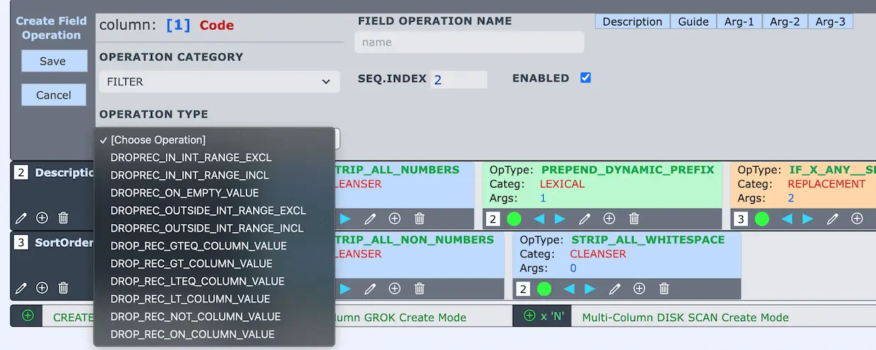 Drop-Record Conditional Field Operation Types List